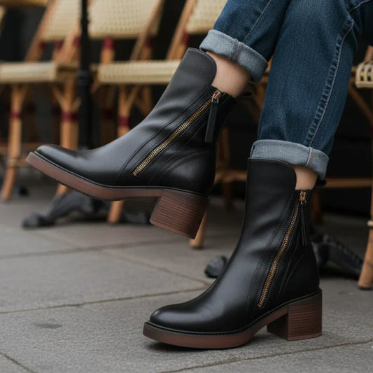 Valorine™ | Bota de piel negra con tacón cómodo, elegante y atemporal