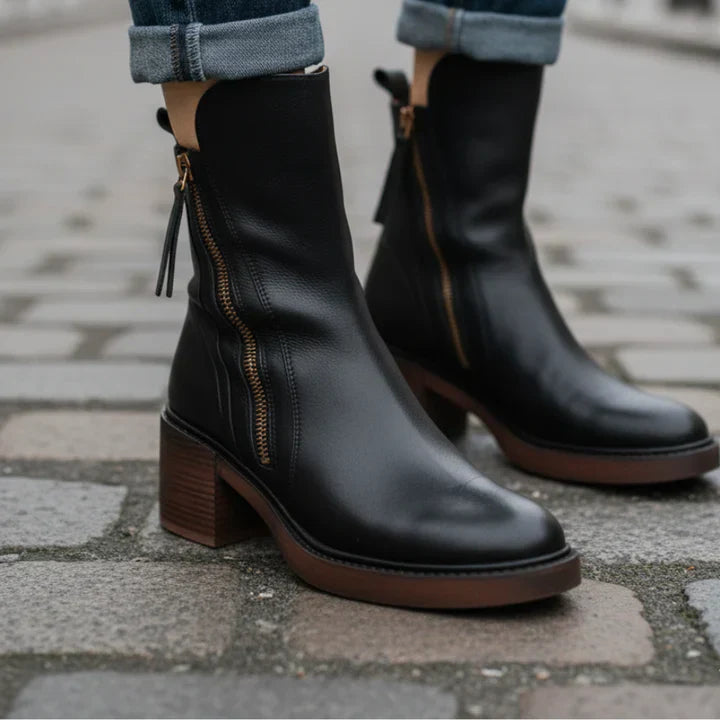 Valorine™ | Bota de piel negra con tacón cómodo, elegante y atemporal